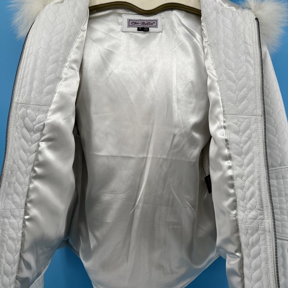 Che-Bella White Quilted Leather Hooded Coat w/ Faux Fur Trim – Women's Large - Picture 9 of 11